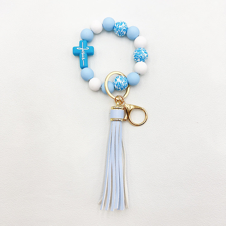 Wholesale Leopard Cross Silicone Beaded Tassel Wrist Keychain